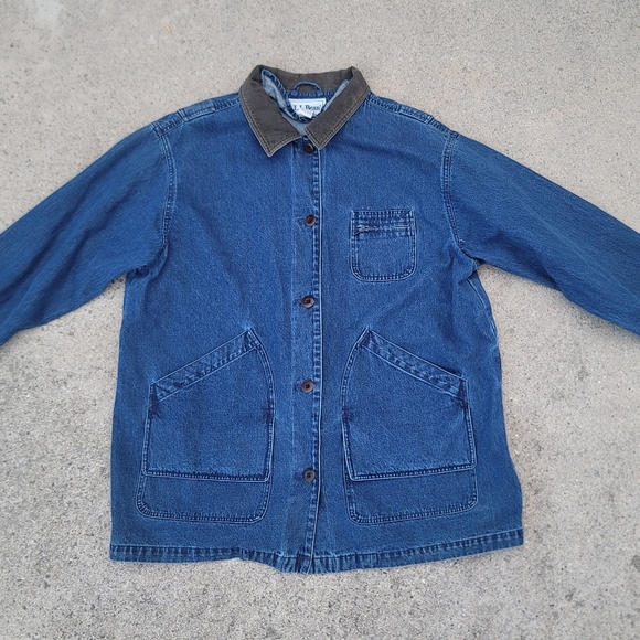 Vtg LL Bean Denim Barn Chore Jacket Corduroy Collar & Wrist - Picture 1 of 5